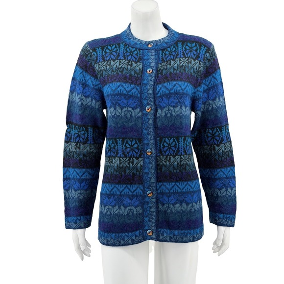 The Alpaca Connection Sweaters - The Alpaca Connection Sweater Womens Small Blue Cardigan Fair Isle Knit Handmade